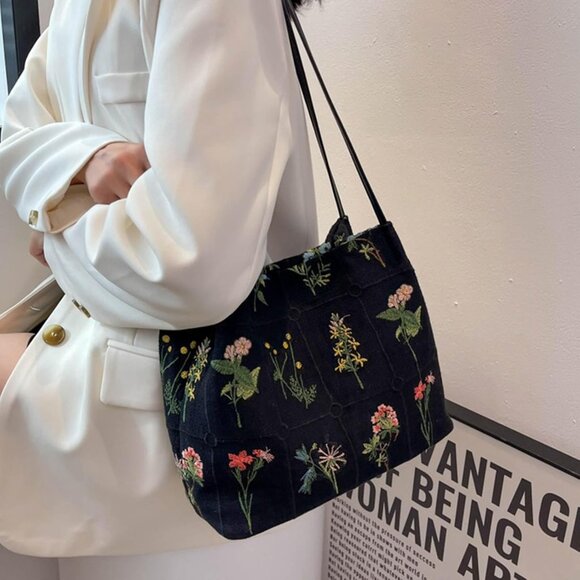 Black Floral Embroidered Canvas Tote Bag for Women, Small Reusable Casual Crossb - Picture 2 of 6